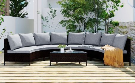 TOPMAX 5 Pieces All-Weather Brown PE Rattan Wicker Sofa Set Outdoor Patio Sectional Furniture Set Half-Moon Sofa Set with Tempered Glass Table, G