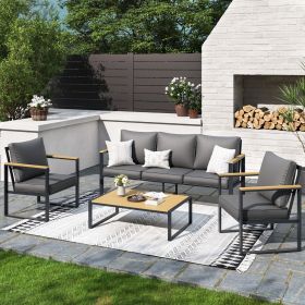 Outdoor 4 Pieces Furniture Sets Modern Iron Patio Conversation Sets Sofa w Grey Cushion Faux Wood Grain Frame Coffee Table for Garden Courtyard P