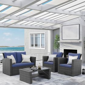 4 Piece Outdoor Patio Furniture Set, Outdoor Sectional Sofa with Tempered Glass Coffee Table and Cushions, Wicker Rattan Patio Set (Color: as Pic)