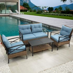 Patio 4 piece sectional low dining conversation sofa set- KD rattan wicker outdoor garden furniture corner sofa set with cushion. (Color: as Pic)