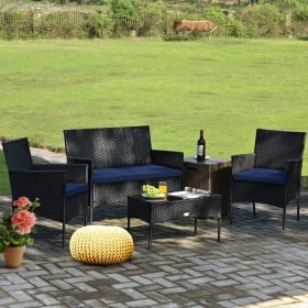 4 Pieces Patio Rattan Cushioned Sofa Set with Tempered Glass Coffee Table (Color: Navy & Off White)