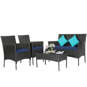 4 Pieces Patio Rattan Cushioned Sofa Set with Tempered Glass Coffee Table (Color: Navy)
