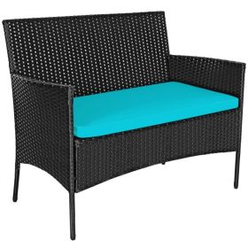 4 Pieces Patio Rattan Cushioned Sofa Set with Tempered Glass Coffee Table (Color: Turquoise)