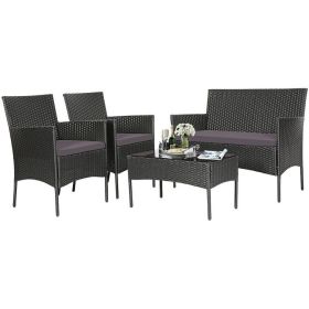 4 Pieces Patio Rattan Cushioned Sofa Set with Tempered Glass Coffee Table (Color: Gray)