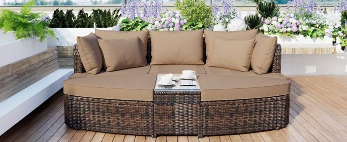 TOPMAX 6-Piece Patio Outdoor Conversation Round Sofa Set, PE Wicker Rattan Separate Seating Group with Coffee Table, Brown (Color: as Pic)