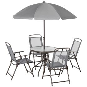 Outsunny 6 Piece Patio Dining Set for 4 with Umbrella, Outdoor Table and Chairs with 4 Folding Dining Chairs & Round Glass Table for Garden (Color: as Pic)
