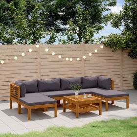 7 Piece Patio Lounge Set with Cushion Solid Acacia Wood (Color: Grey)