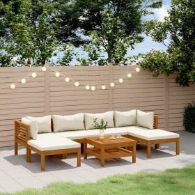 7 Piece Patio Lounge Set with Cream Cushion Solid Acacia Wood (Color: Cream)
